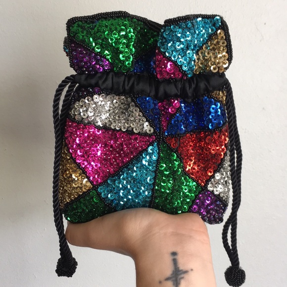 Vintage Handbags - 🌵 VTG 80s Neon Sequins Clutch Purse Deco